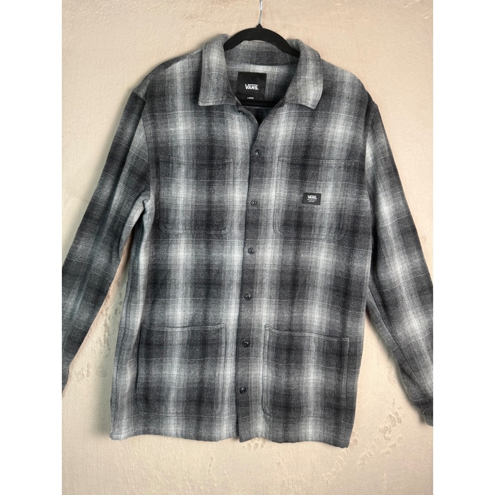 Vans Mens Large Grey Black Plaid Flannel Chore Shirt Jacket 100% Cotton - Picture 2 of 12